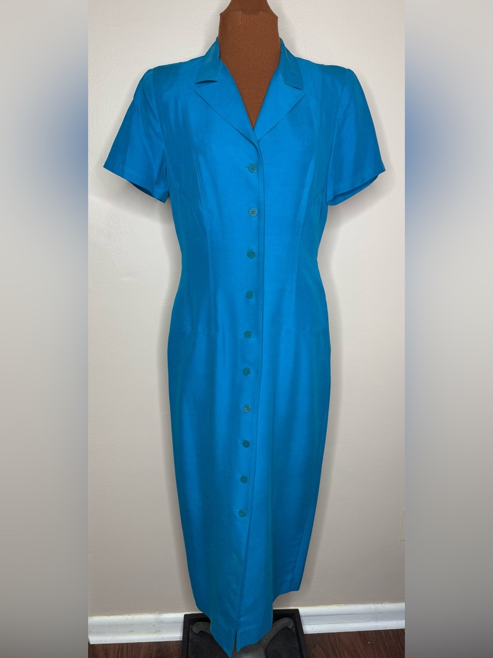 Spenser Jeremy Silk Vibrant Teal Button-Front Midi Dress Vintage 90s Size 6